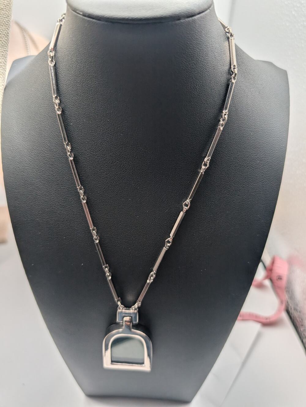 Pierre Cardin Silver Tone Stirrup Pendant Necklace Vintage Designer Fashion